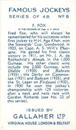 1936 Gallaher Famous Jockeys #8 Fred Fox Back